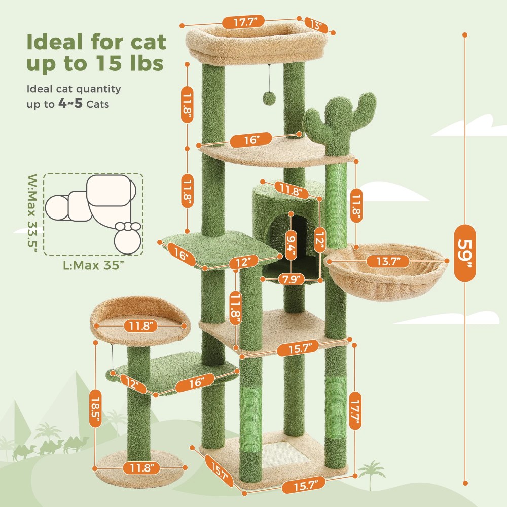 PAWZ Road 59" Cactus Cat Tree Tower with sisal Scratching Post & Large Perch for Indoor Cat Green - Image 4