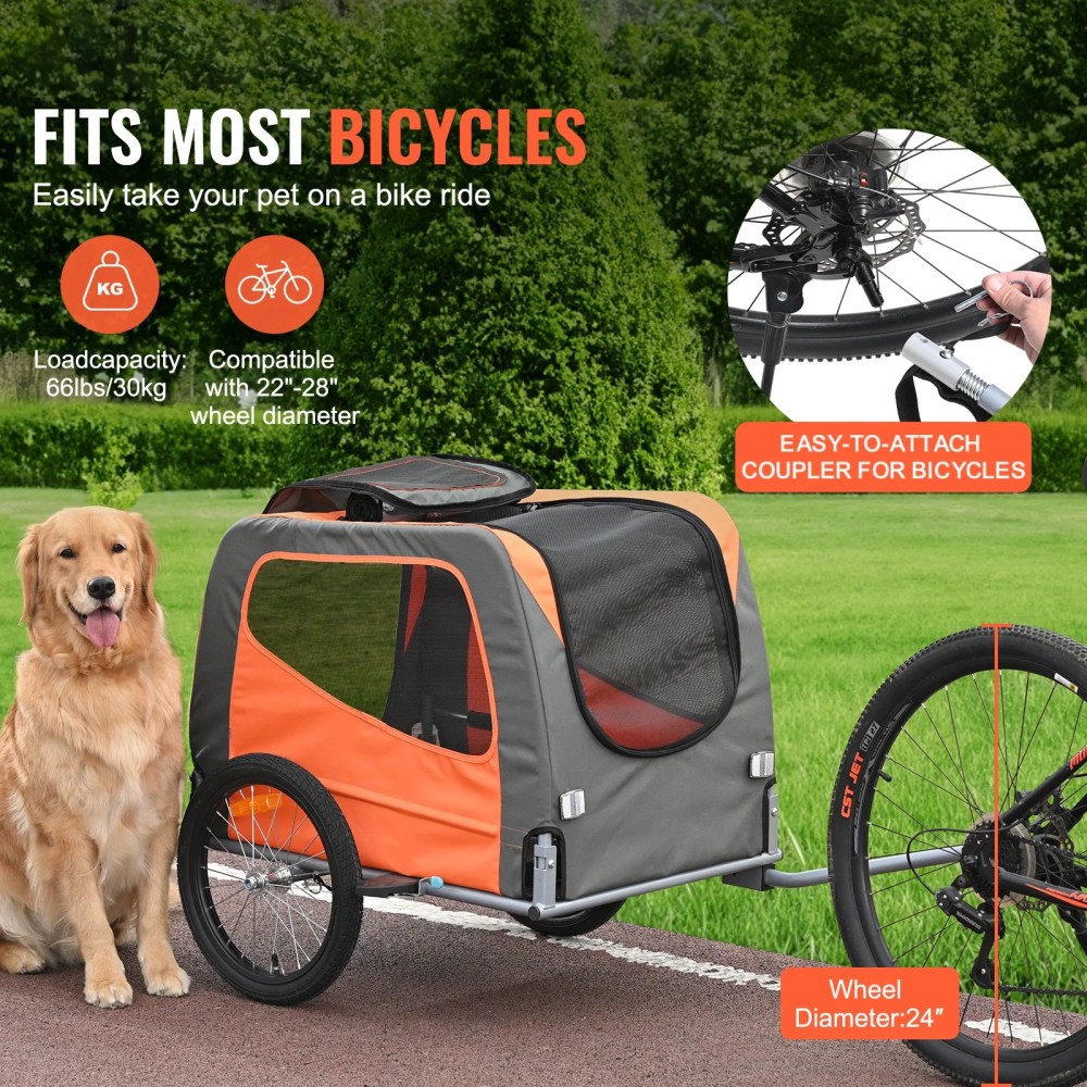 KFFKFF Pet Bicycle Trailer for Dogs and Cats Water-Resistant Steel, Gray Orange - Image 5