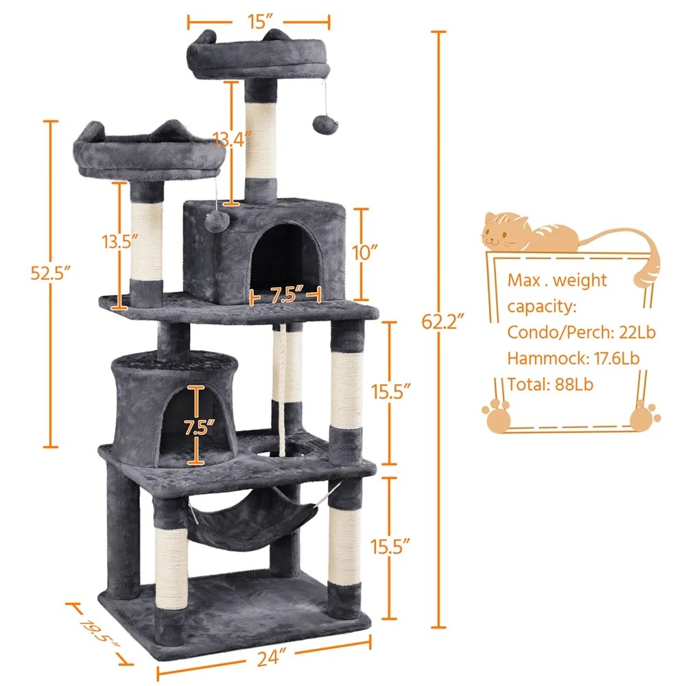 Alden Design 62" Tall Double Condo Cat Tree and Scratching Post Tower, Dark Gray - Image 12