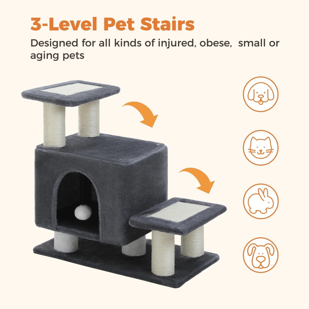 Pefilos 21" Cat Tree Tower with Scratching Post, 3-Step Pet Dog Stairs with Cat Condo for Small Dog, Gray - Image 7