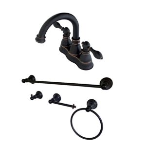 Kingston Brass FSK1616ACL Double-Handle 3-Hole Deck Mount 4-Inch Centerset Bathroom Faucet with 4-Piece Bathroom Accessories Kit in Naples Bronze