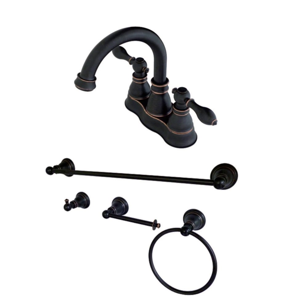 Kingston Brass FSK1616ACL Double-Handle 3-Hole Deck Mount 4-Inch Centerset Bathroom Faucet with 4-Piece Bathroom Accessories Kit in Naples Bronze