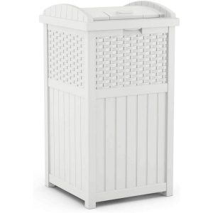 Suncast Resin Wicker Hideaway Outdoor Trash Can with Latching Lid, White