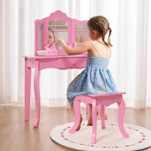 Your Zone Kids Wooden Vanity Table And Stool Set With 3 Mirrors, Pink, 3 Year Old Up