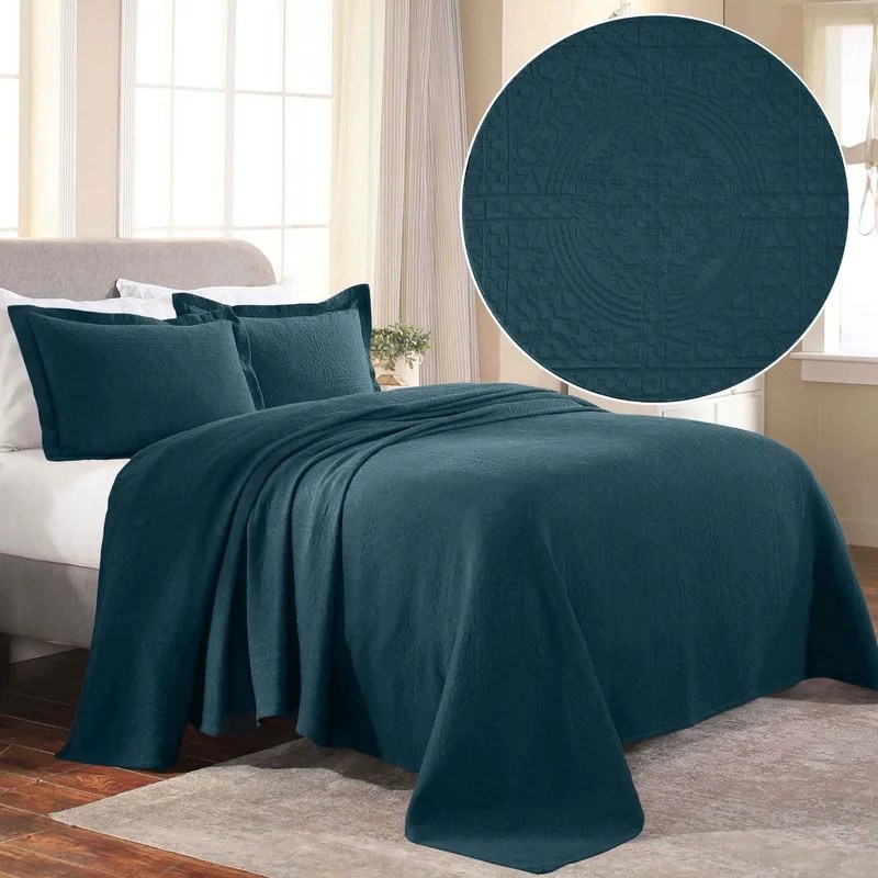 Superior Fleur De Lis Cotton Decorative Bedspread and Sham Set, Queen, Deep Sea