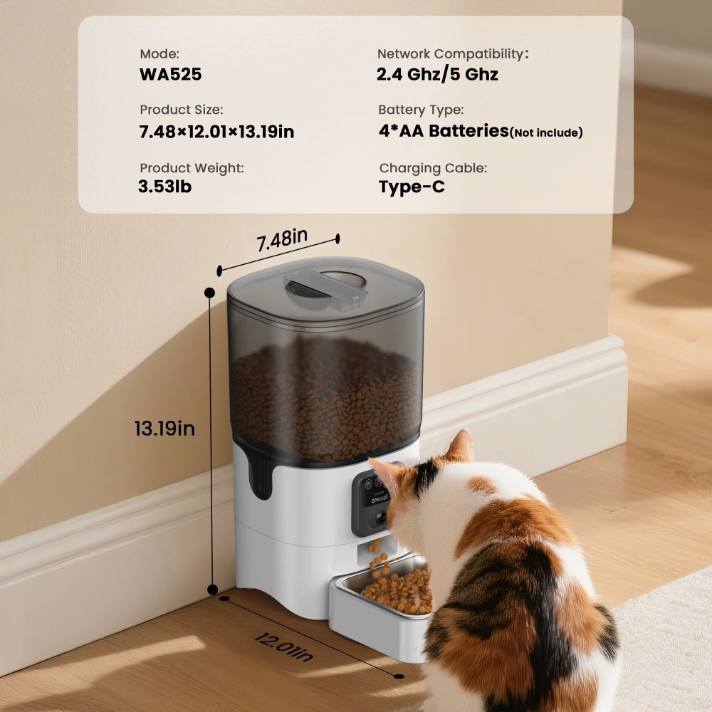 Oneisall WF-63 5GHz & 2.4GHz Automatic Cat Food Dispenser, 6L/25 Cups Automatic Cat Feeder with Camera, White - Image 2