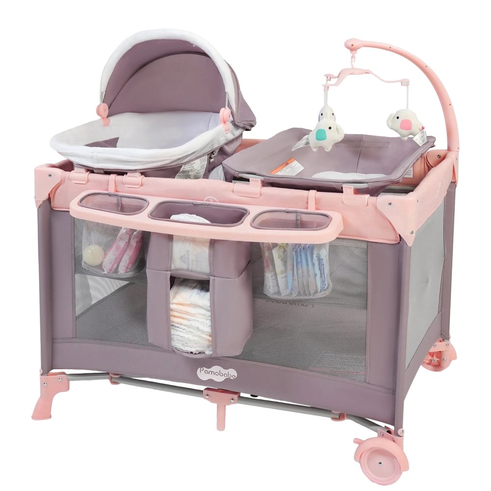 Pamo Babe 4-in-1 Baby Playard with Bassinet & Changing Table for Newborn,4-Panels Playpen