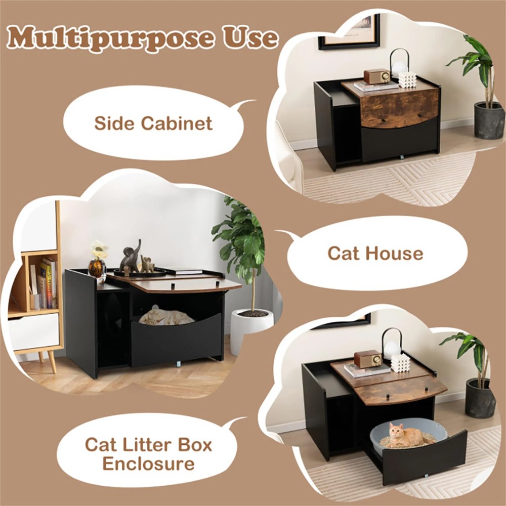 Pefilos 31" Wood Enclosed Cat Litter Box Enclosure, Hideaway Cat House Condo Washroom with Pull-out Drawer for Living Room, Black - Image 3
