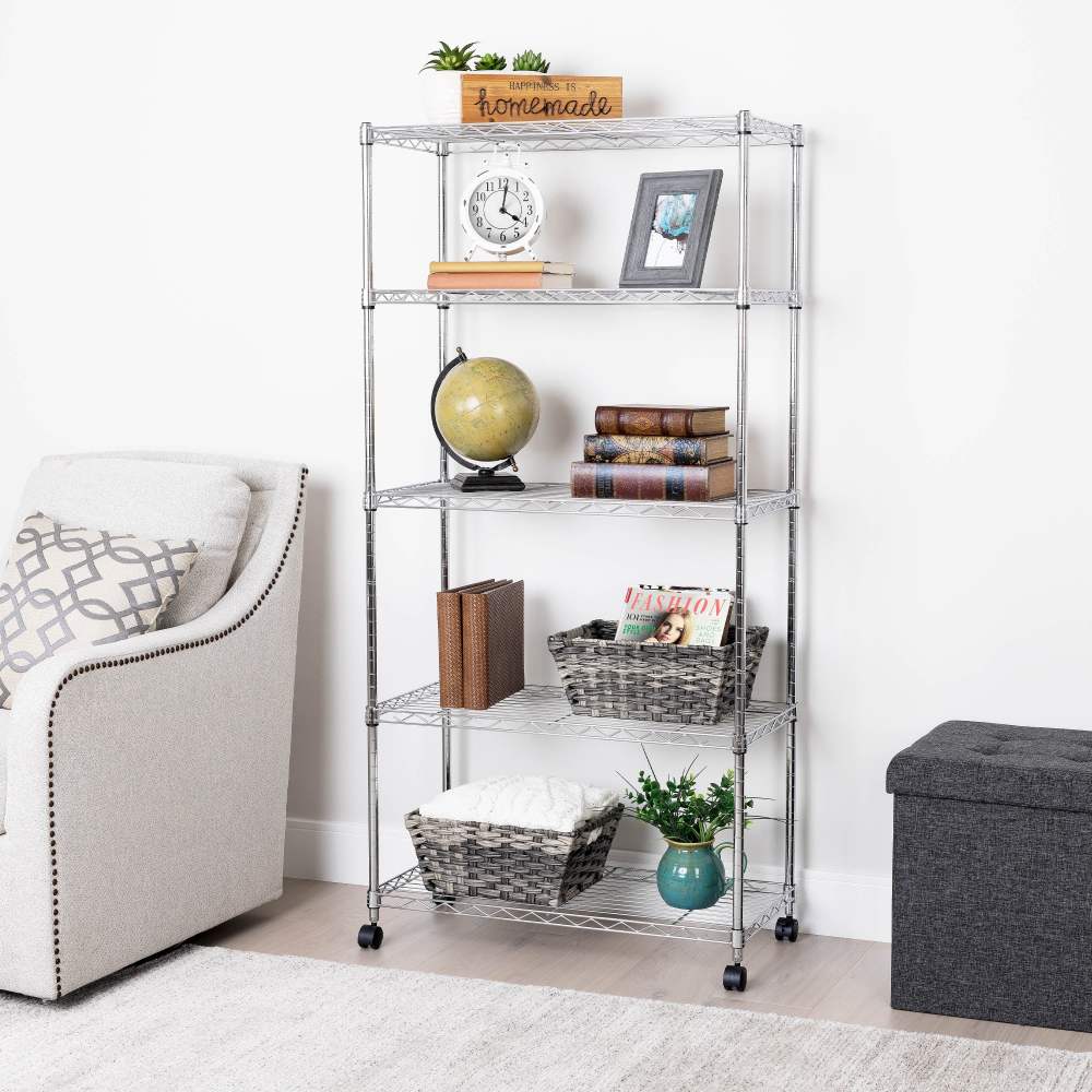 Seville Classics 5-Tier Steel Wire Shelving with Wheels, 30" W x 14" D x 60" H, Chrome Plated - Image 9