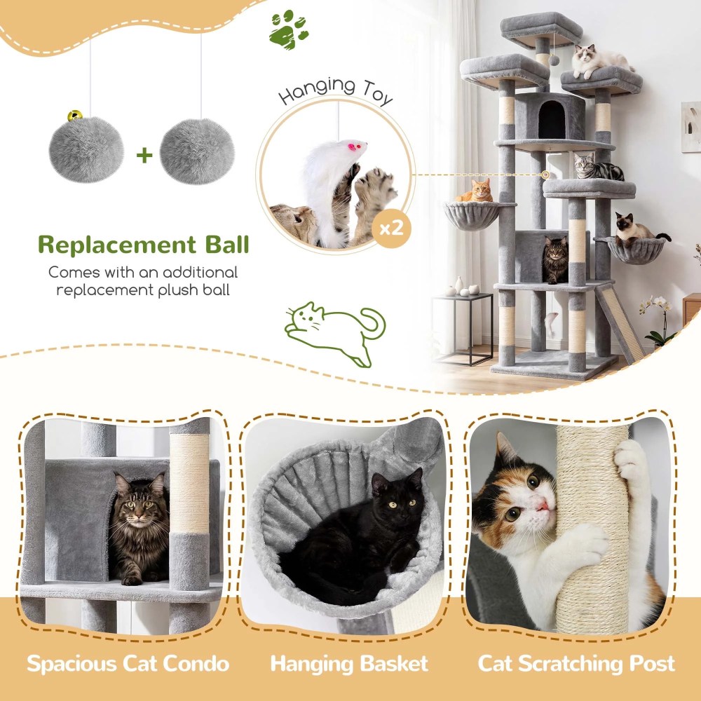 Globlazer 80in Heavy Duty Cat Tree for Large Cats, Multi-Level Cat Furniture Activity Center with 2 Condos, 2 Hammocks, 3 Perches & Sisal Scratching Posts, Light Grey - Image 5