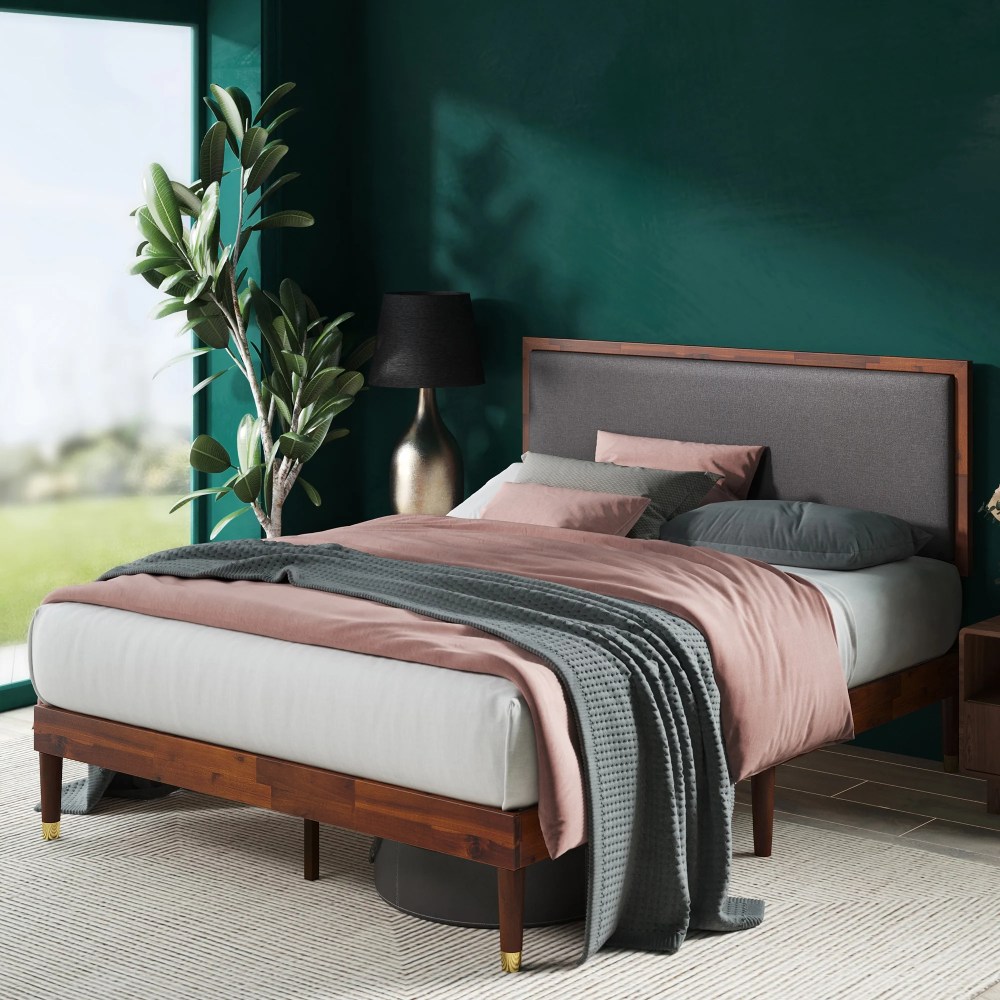 Zinus Raymond 38" Wood Platform Bed Frame with Adjustable Upholstered Headboard,Queen