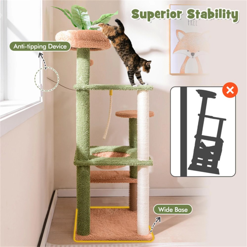 Pefilos 60" Cactus Cat Tree Tower for Indoor Cats, Multi-Level Cat Condo, Cat Tree House with Sisal Scratching Posts, Hammock and Perch, Green - Image 4
