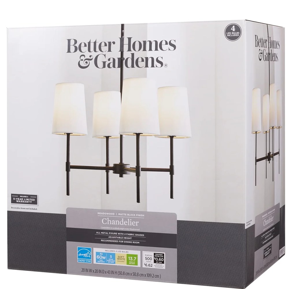 Better Homes & Gardens Meadowood 4-Light Chandelier, Matte Black Finish, White Fabric Shades, LED Bulbs Included - Image 8