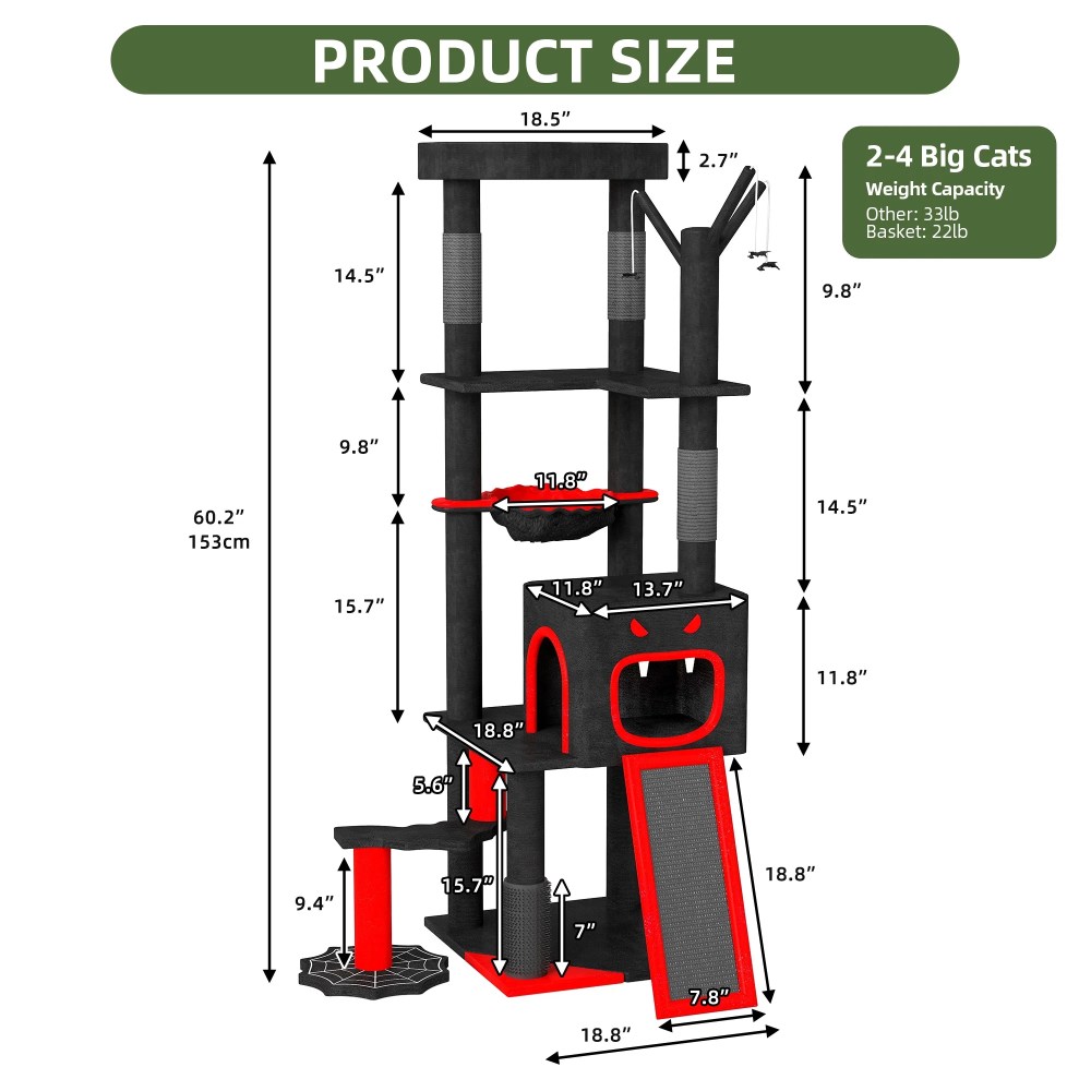 Uforic 60" Gothic Cat Tree Tower with Coffin Bed, Tall Cat Tower with Top Perch, Condos, Basket, Scratcher, Black Halloween - Image 6