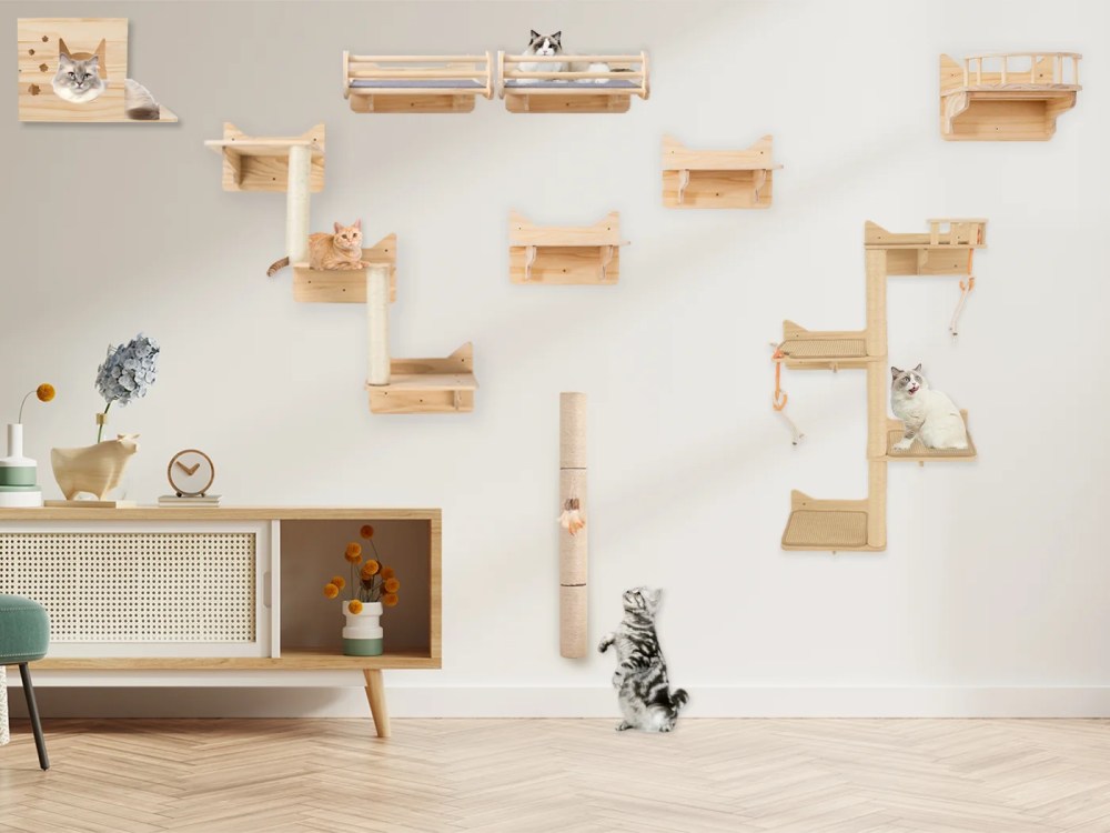 MIUZMORE 9-Piece Wall-Mounted Cat Shelves Set, House, Lookout Tower, 2 Sisal Scratching Posts, 5-Step Cat Wall Ladder, Space-Saving Indoor Furniture - Image 9