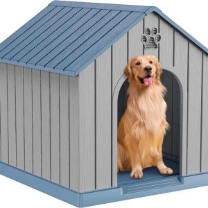 Indoor Outdoor Waterproof Dog House,  PP Material,  Puppy Shelter with Air Vents and Elevated Floor,  Sturdy Dog Kennel for Small to Large Sized Dogs,  Easy to Assemble (Blue,  38.62X36.26X38.07 Inc