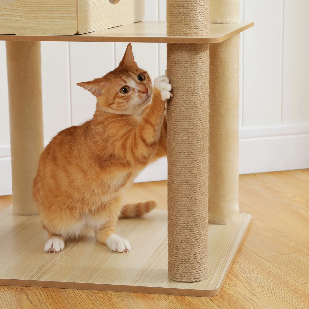 Pefilos 71" Wooden Cat Tree Tower for Multiple Cats, Modern Cat Tree House with Cat Condo for Indoor Cats, Beige - Image 7