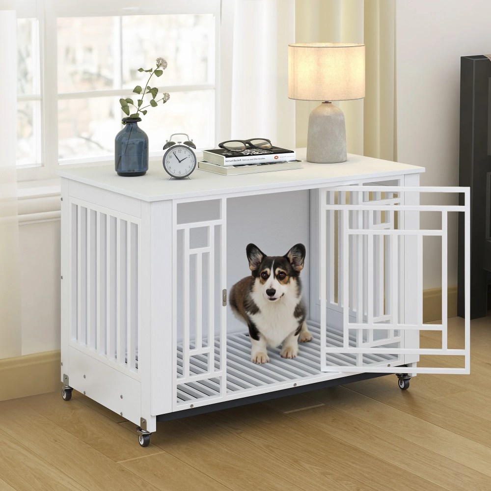 Dextrus Medium Dog Crate with Lockable Door, 38" Heavy Duty Metal Dog Crate and Kennel with Removable Tray and Wheels for Small Medium Large Dogs, White