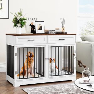 Homfa Dog Crate Furniture with 2 Drawers, 47.2 in Wooden Indoor Dog Cage Table with Divider, White