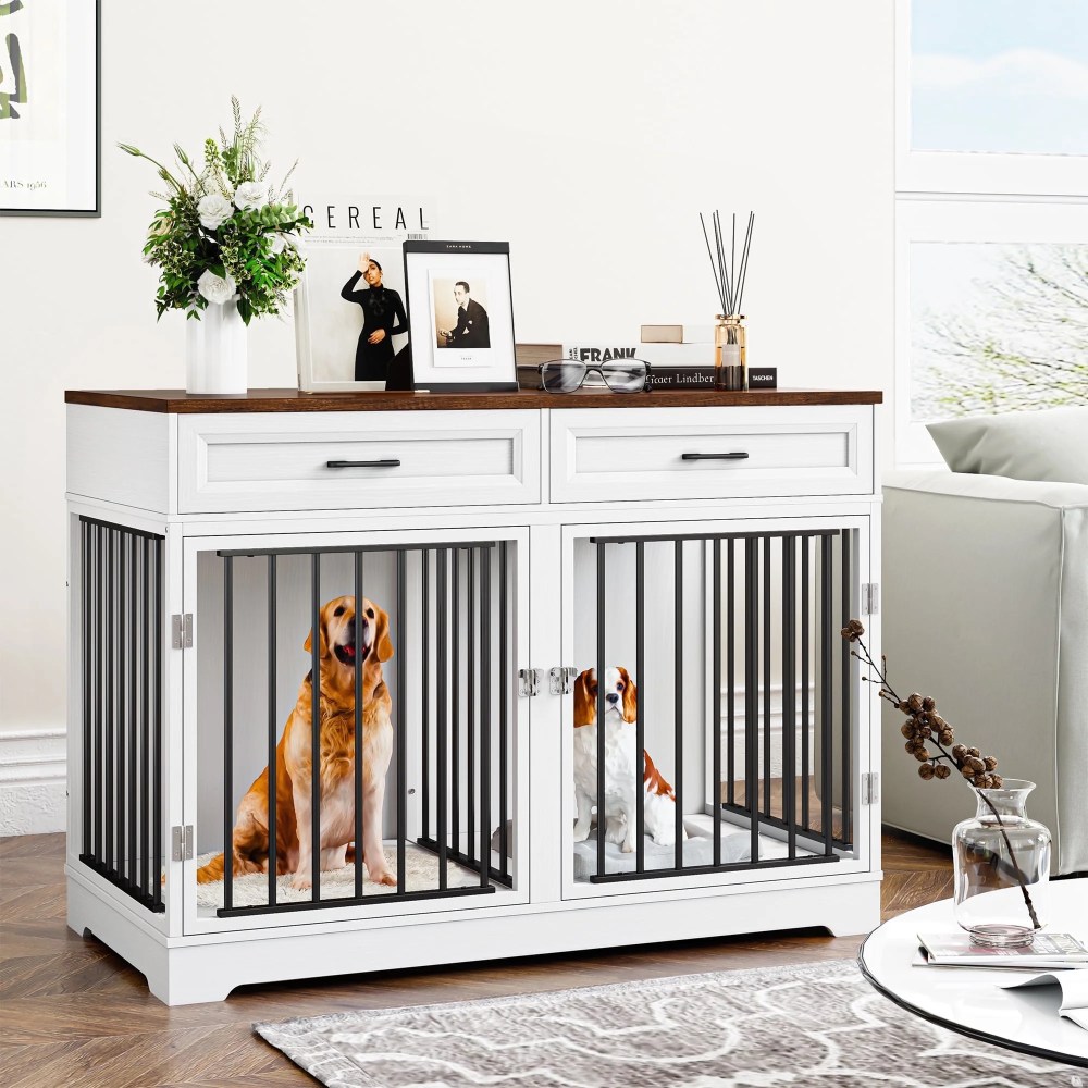 Homfa Dog Crate Furniture with 2 Drawers, 47.2 in Wooden Indoor Dog Cage Table with Divider, White