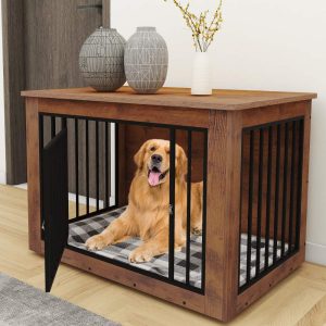 Dextrus Large Dog Crate Furniture,  2-in-1 Wooden Indoor Dogs Kennel Furniture with Waterproof Top&Safety Corners -38.2"L x 24.0"W x 26.8"H, Rustic Brown