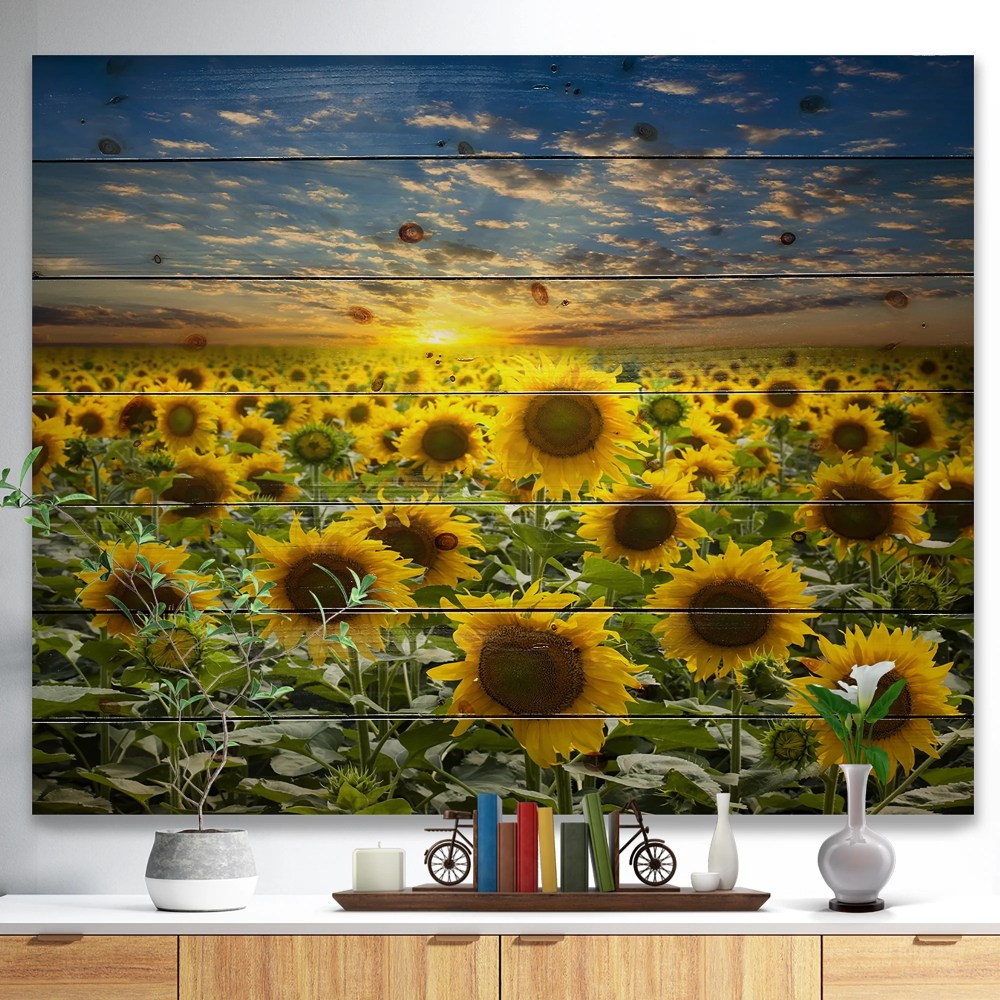 Designart 'Field of Blooming Sunflowers ' Floral Print on Natural Pine Wood - Image 2