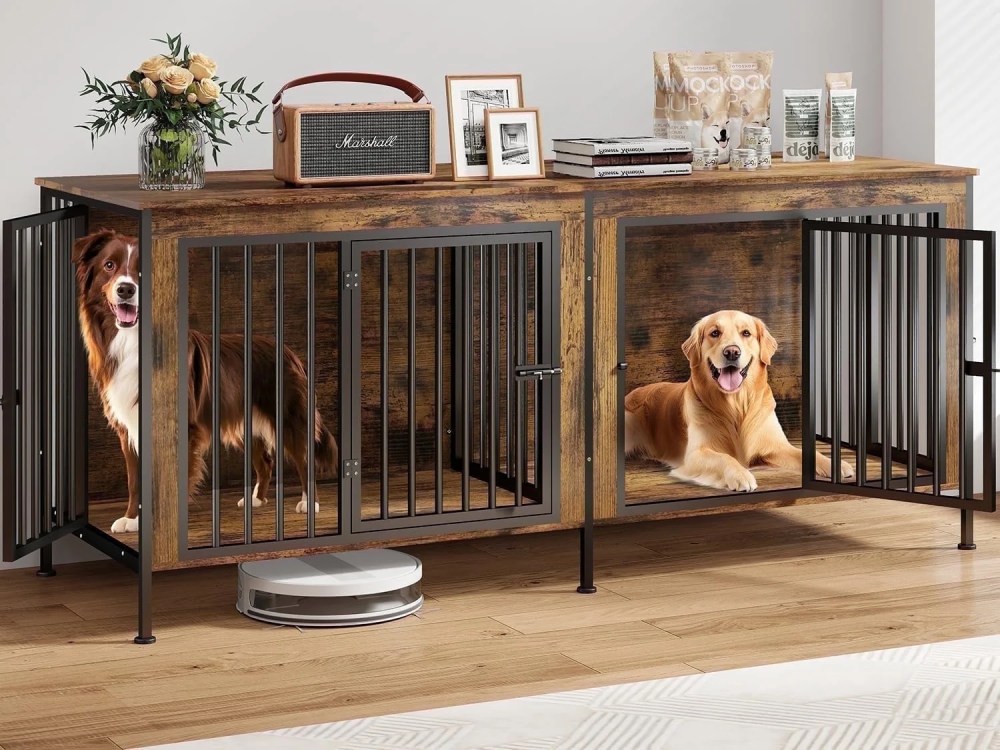 TIME RAY 78 Inch Dog Crate Furniture for Large Dog, Wood Dog Kennel Furniture Indoor with Removable Divider, Dog Cage Furniture as TV Stand, Brown - Image 10