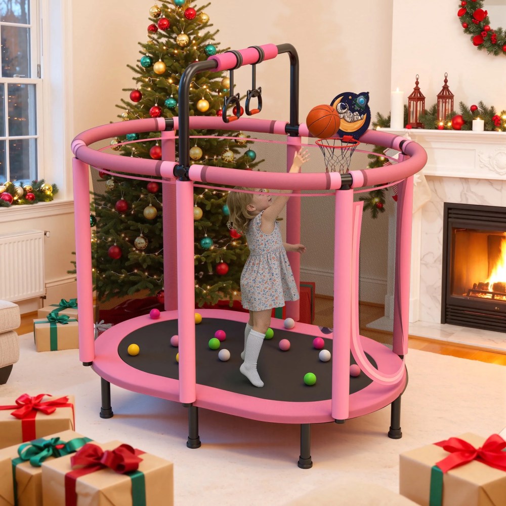 60" Toddler Trampoline with Enclosure Net, Kids Trampoline with Basketball Hoop, SHINPT Indoor Trampoline for Kids, Small Trampoline with Ocean Balls, Mini Trampoline with Rings, Gift for Boys Gi