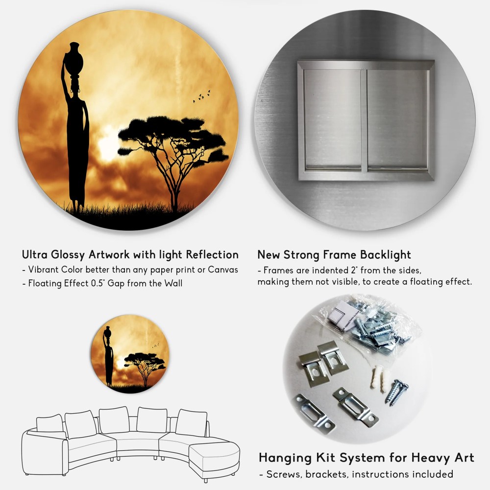 Designart African Woman and Lonely Tree'African Landscape Metal Circle Wall Art - Image 4