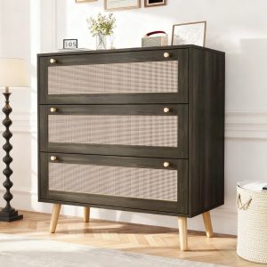 3 Drawers Dresser for Bedroom, Boho Small Natural Rattan Closet Dresser Chest of Drawer, Modern Wood Clothes Storage Organizer with Wooden Feet and Metal Handle for Hallway, Living Room, Entryway