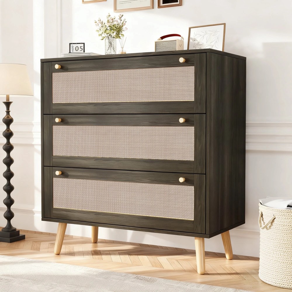 3 Drawers Dresser for Bedroom, Boho Small Natural Rattan Closet Dresser Chest of Drawer, Modern Wood Clothes Storage Organizer with Wooden Feet and Metal Handle for Hallway, Living Room, Entryway