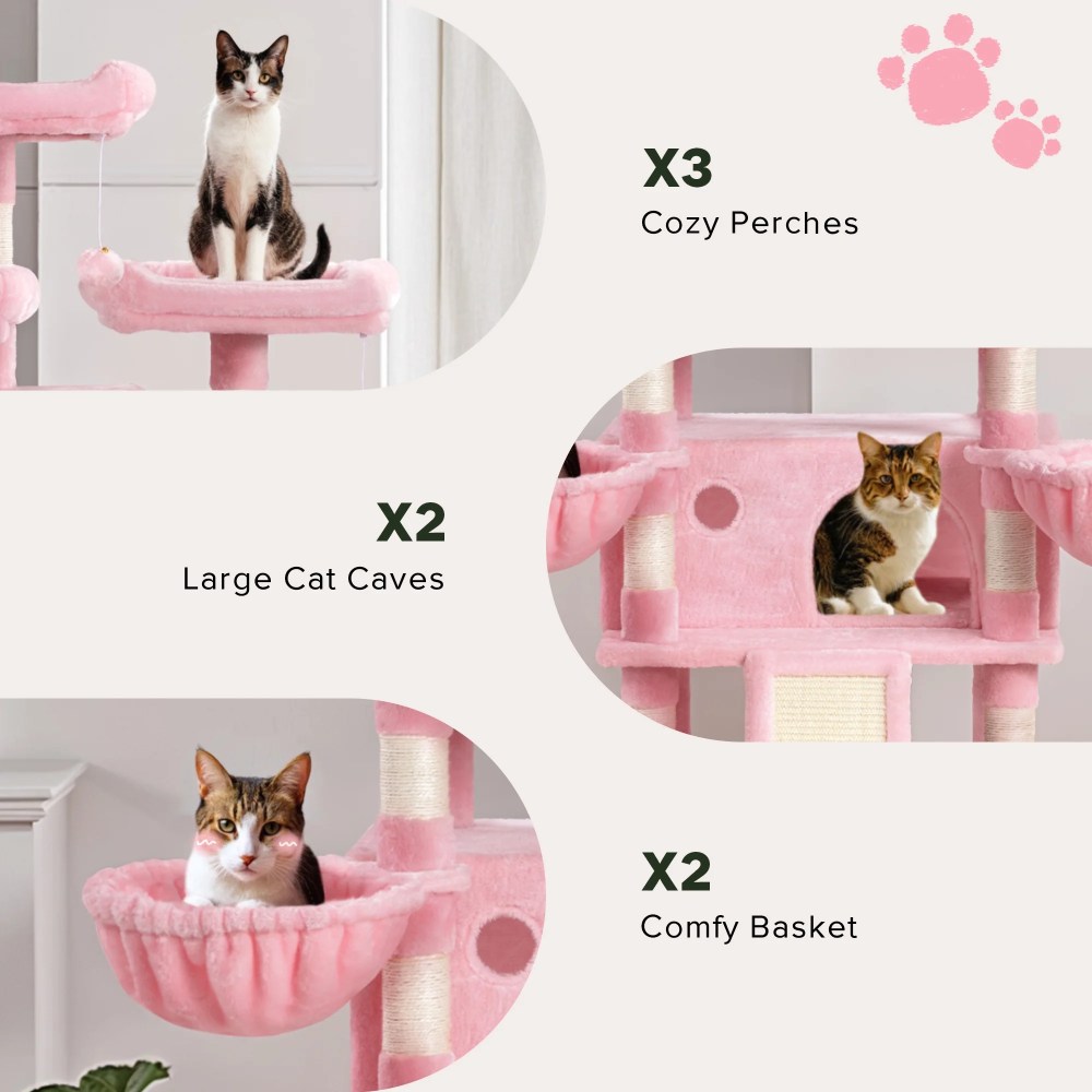 Einfach 68" X-Large Cat Tree and Tower with Condo Houses, Scratching Board & Posts for Indoor Cat, Pink - Image 2