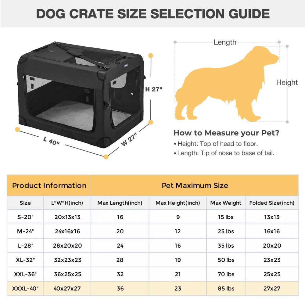 Veehoo Folding Soft Dog Crate, 3-Door Pet Kennel, 600D Cationic Oxford Fabric, 40", Black - Image 3