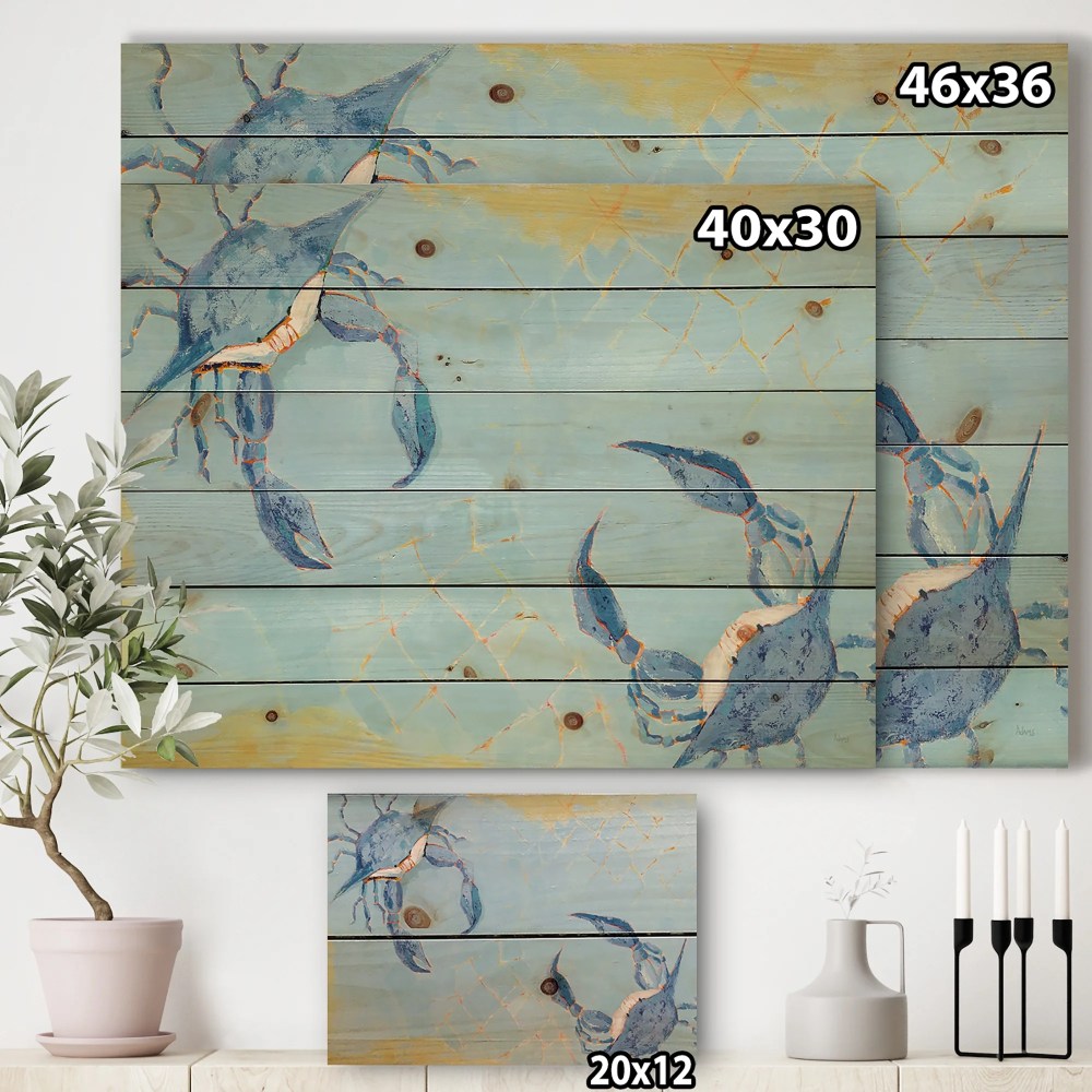 Designart 'Blue Coastal crab Battle' Nautical & Coastal Print on Natural Pine Wood - Image 2