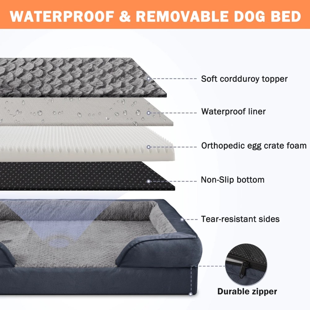 Extra Large Orthopedic Dog Bed, Waterproof Dog Couch Bed with Removable Washable Cover, Dog Sofa Bed X Large, Egg-crate Foam, Waterproof Lining, Nonskid Bottom, Gray, 42in - Image 3