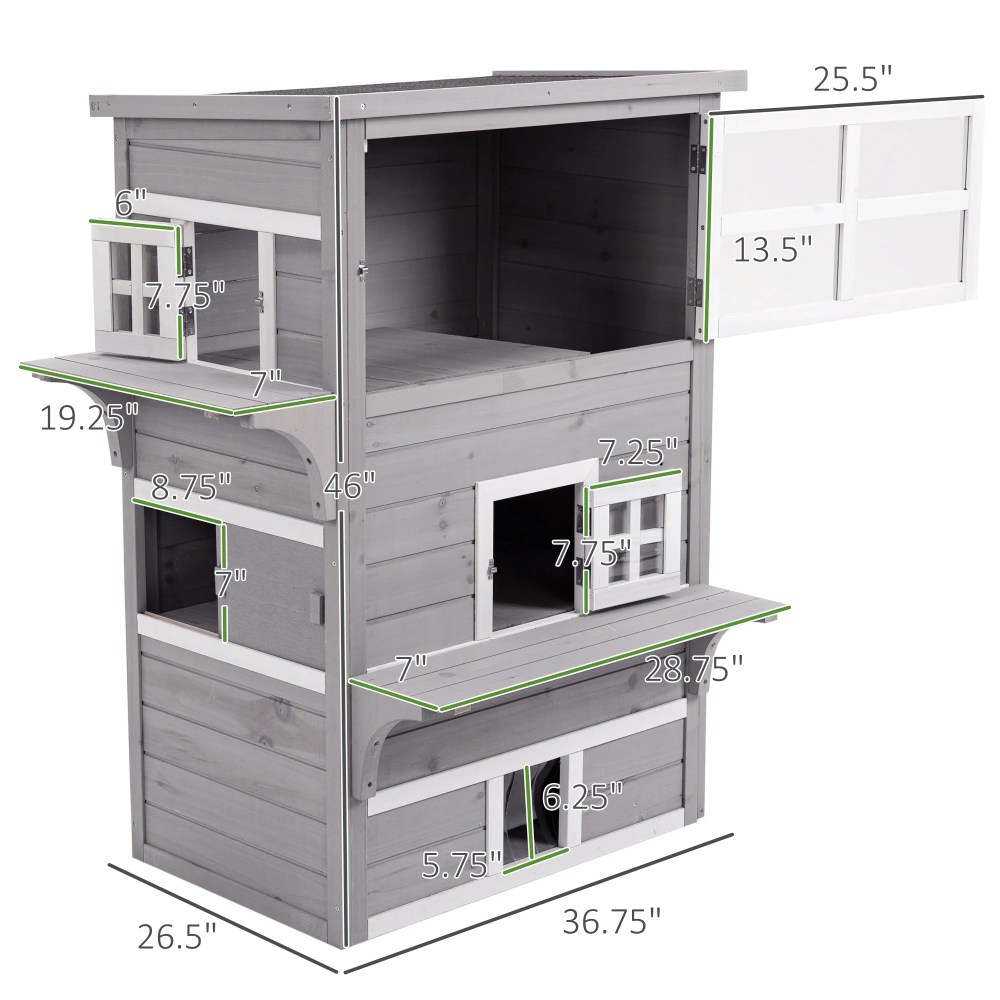PawHut 3-Story Cat House with Raised Floor, Escape Doors, Gray - Image 7