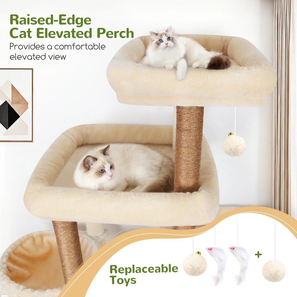Globlazer Big Cat Tree Tower, 85in Multi-Level Tall Cat Tree Tower Indoor for Multiple Adult Cats with Scratching Post, 3 Perches, 3 Condos, 2 Hanging Basket, S85, Beige - Image 7