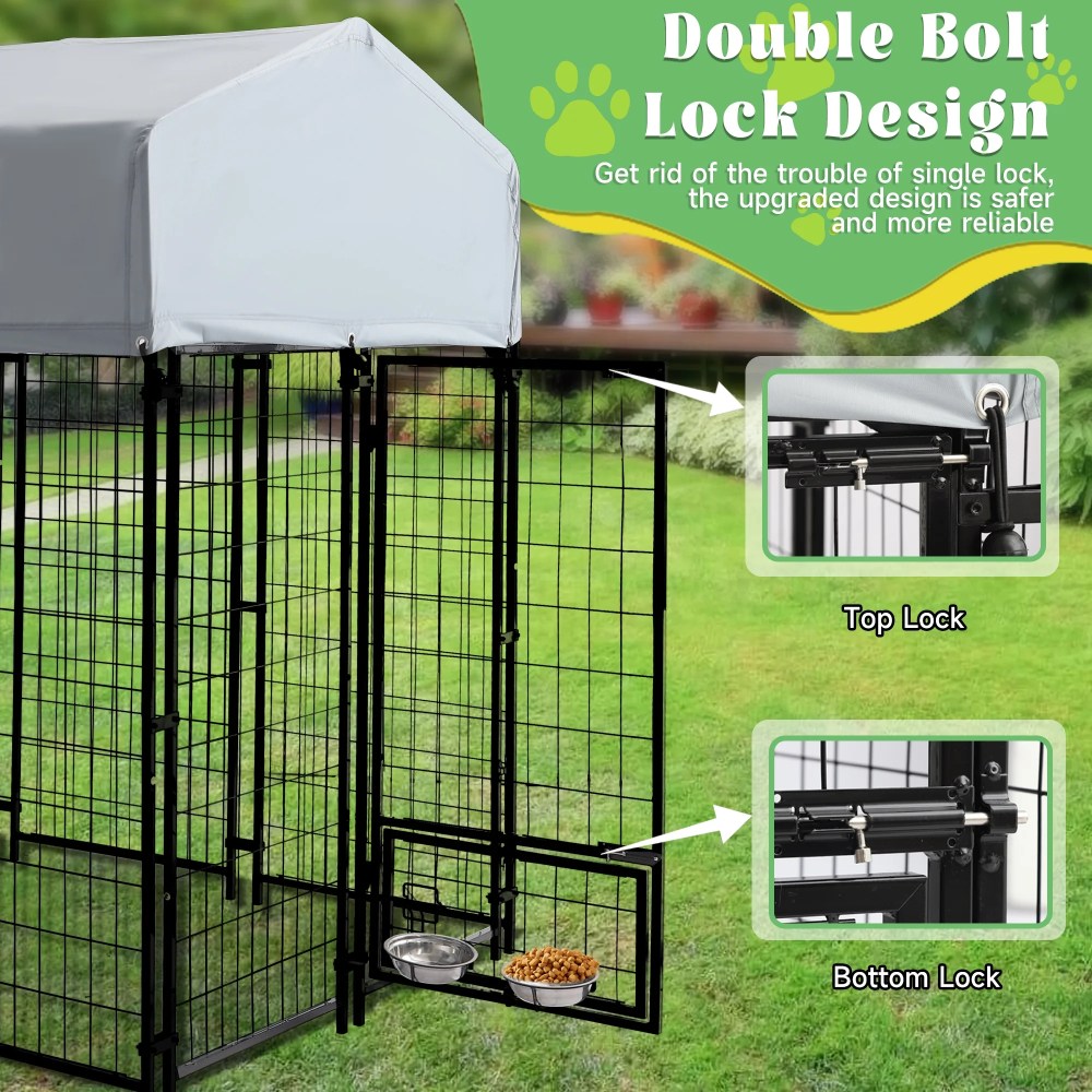 Haverchair Large Outdoor Dog Kennel, Heavy Duty Welded Wire Steel Dog Enclosure Playpen Crate with Waterproof UV-Resistant Roof Cover, Double Lock Dog Kennels Fence with Rotating Feeding Door Bowls - Image 8