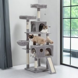 Pefilos 64" Cat Tree Tower for Large Cats with Sisal Poles,  Hammock,  Indoor Pet Supplies Climbing Tree House,  Multi-Level Cat Condos,  Gray