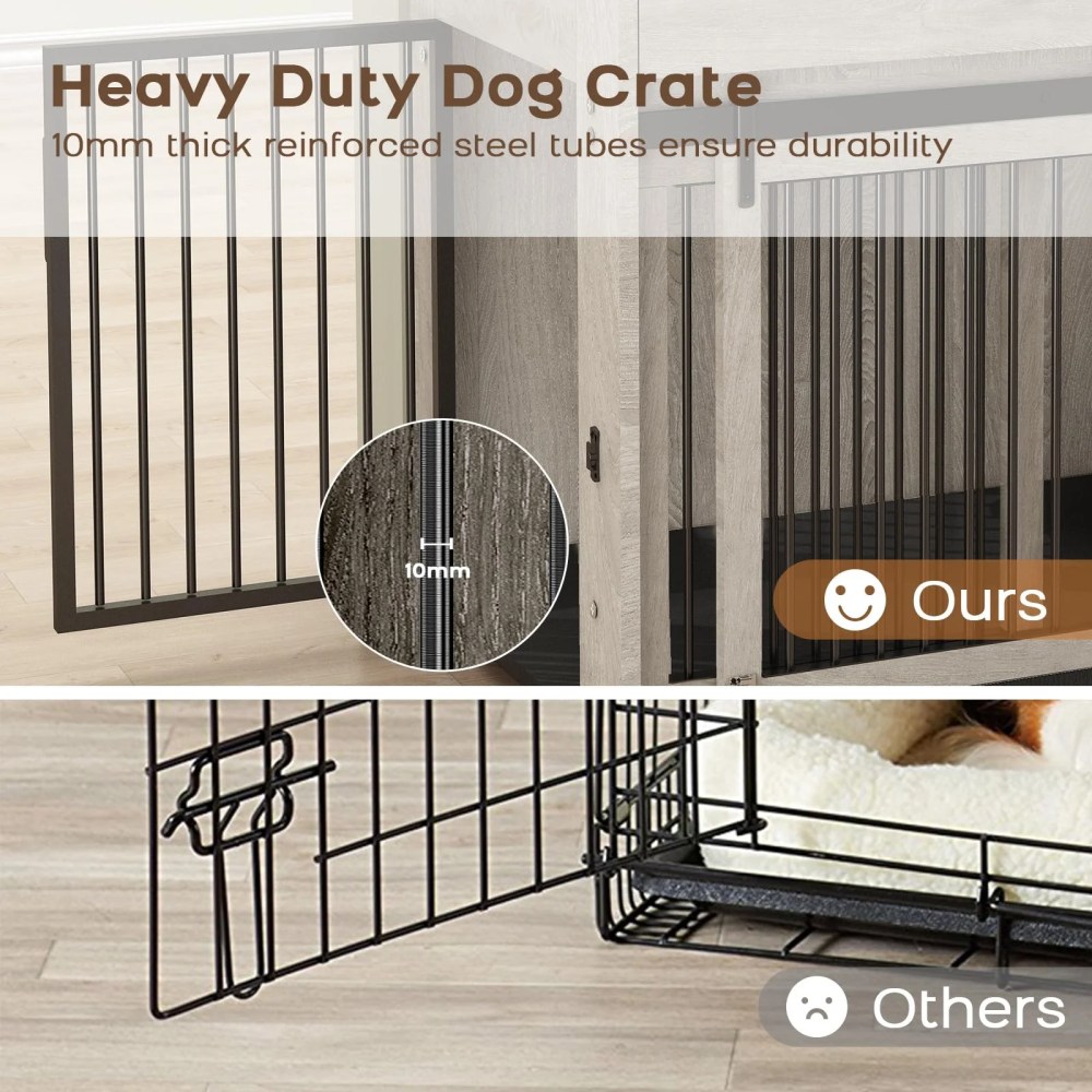 WHIFEA Modern Wooden Dog Crate Furniture with Sliding Barn Door & Side Access, Rotating Feeder Kennel for Medium-Large Dogs, Farmhouse Style, Grey - Image 5