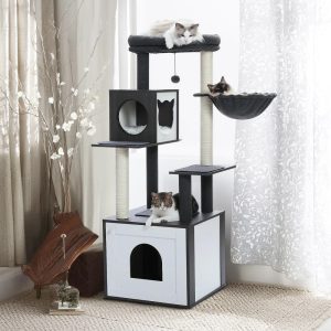 Pefilos 56" Modern Wood Cat Tree for Indoor with Litter Box Enclosure and Cat Condo,  Large Cat Tree Tower,  Black