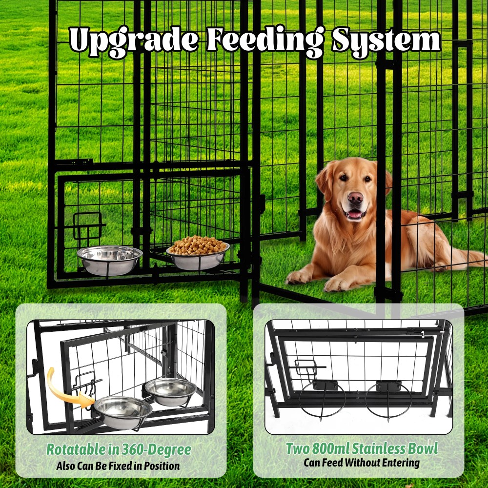 Haverchair Large Outdoor Dog Kennel, Heavy Duty Welded Wire Steel Dog Enclosure Playpen Crate with Waterproof UV-Resistant Roof Cover, Double Lock Dog Kennels Fence with Rotating Feeding Door Bowls - Image 2
