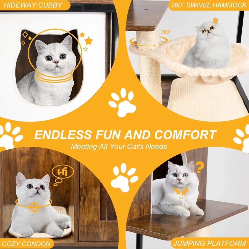 PETSCOSSET Cat Tree with Hidden Litter Box Enclosure, Climbing Platforms, Condo Hammock, and Scratching Post - Image 2