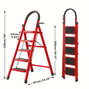 5 Step Lightweight Folding Step Ladder steel Step Stool with Widened Anti-Slip Strip Pedal Convenient Handgrip, Multi-use for Household and Office-red