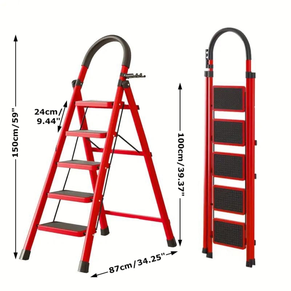 5 Step Lightweight Folding Step Ladder steel Step Stool with Widened Anti-Slip Strip Pedal Convenient Handgrip, Multi-use for Household and Office-red