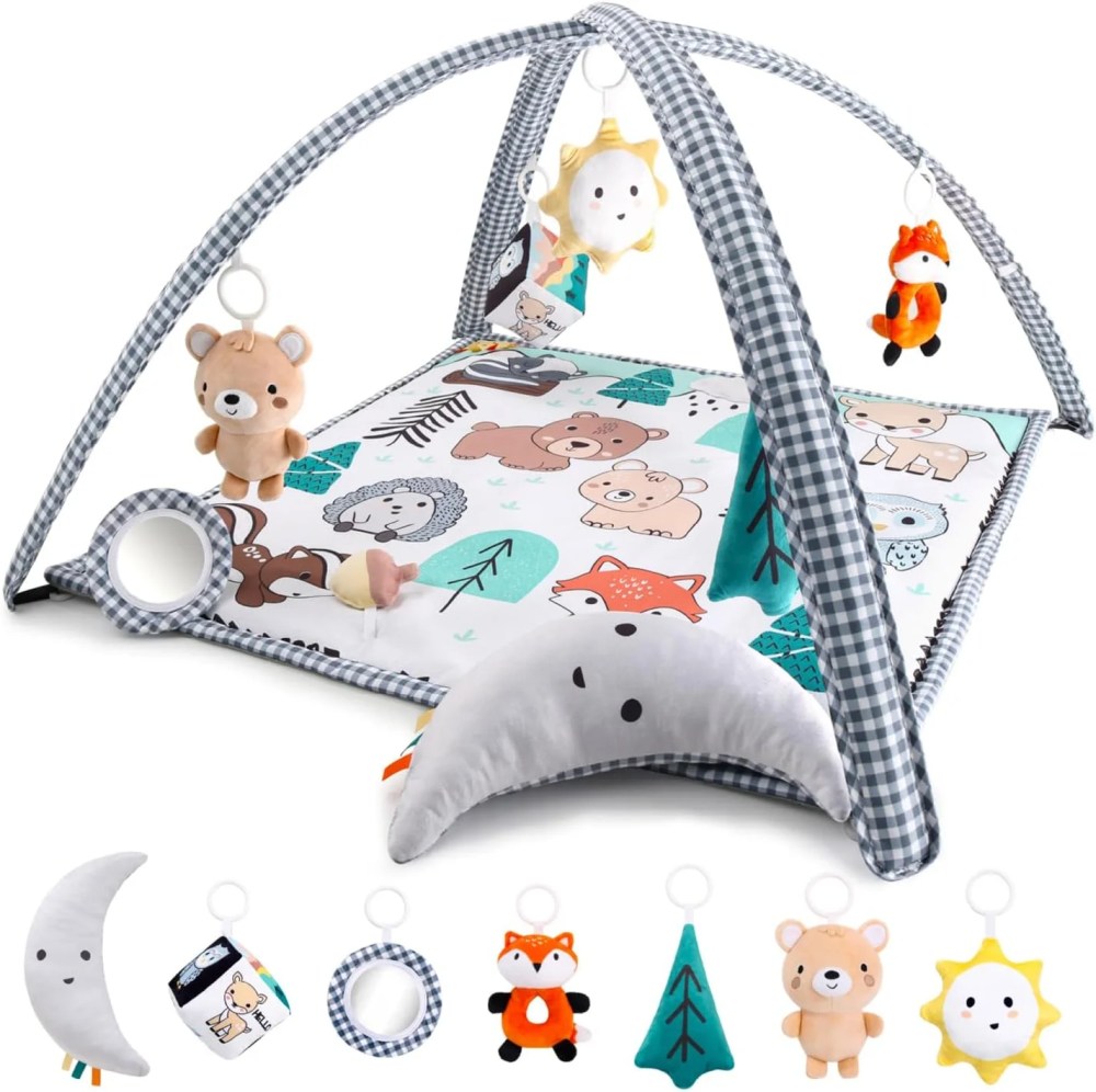 The Peanutshell Woodland Activity Gym and Baby Play Mat, Baby Gym Activity Center, 7-Piece Count