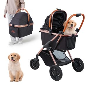 KFFKFF 3-in-1 Pet Stroller,  4 Wheels Foldable Premium Multifunction Dog Stroller with Storage Basket,  66 lbs Weight Capacity,  Black
