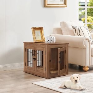 Unipaws Dog Crate Furniture,  Double Doors Wooden Wire Dog Kennel with Pet Bed,  Small Dog Crate