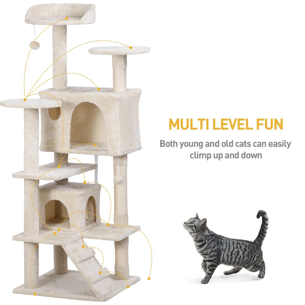 ZENSTYLE 53" Cat Tree Scratching Post Condo Tower Pet Kitty Playhouse, Beige - Image 6