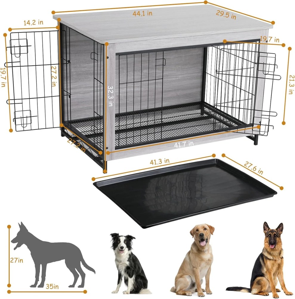 LAZY BUDDY Dog Crate Furniture, Large Dog Kennel Wooden Pet Furniture with Pull-Out Tray, Double Doors, 44.1 "L x 29.5 "W x 32.3 "H (Gray) - Image 5